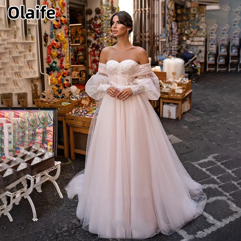 

Olaife Charming A-line Lace Wedding Dress Sweetheart Long Sleeves Bridal Gown Zipper Back Tulle Sweep Ruffles Vestidos De Novia