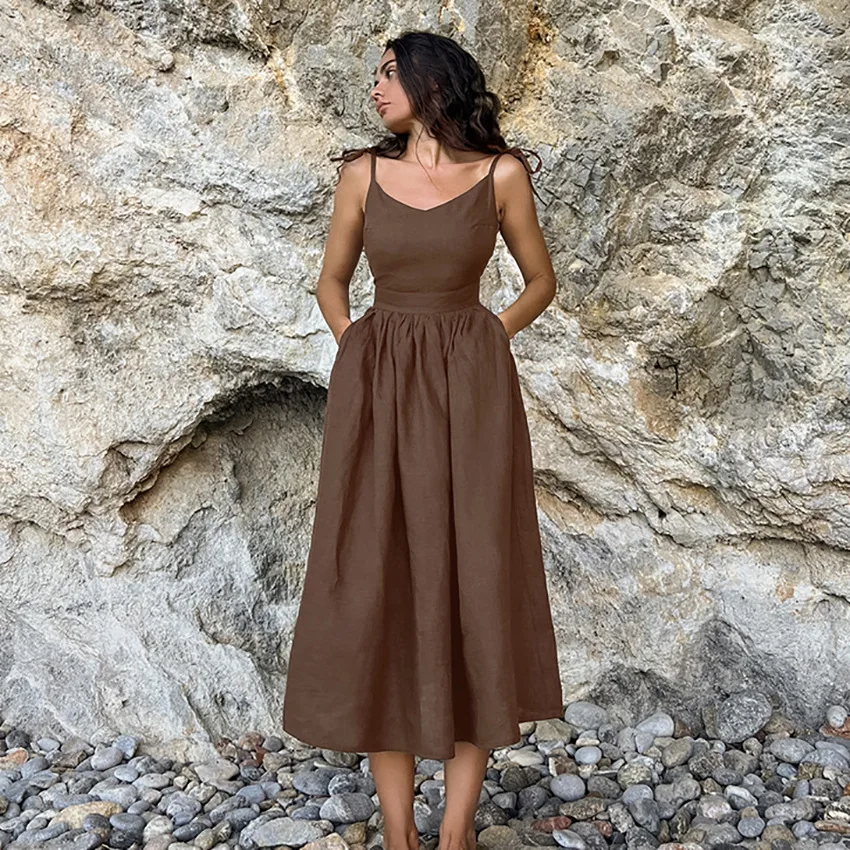 

Summer Sexy Pure Wind Khaki Cotton and Linen Skirt with Suspenders French long lace-up High Waist Dress Women's Dress