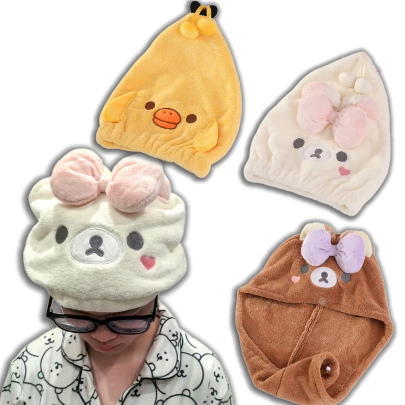 

Милая шапочка-полотенце для сушки волос с животными Rilakkuma, супервпитывающая, быстросохнущая, в виде медведя и цыпленка, тюрбан для душа для женщин и девочек