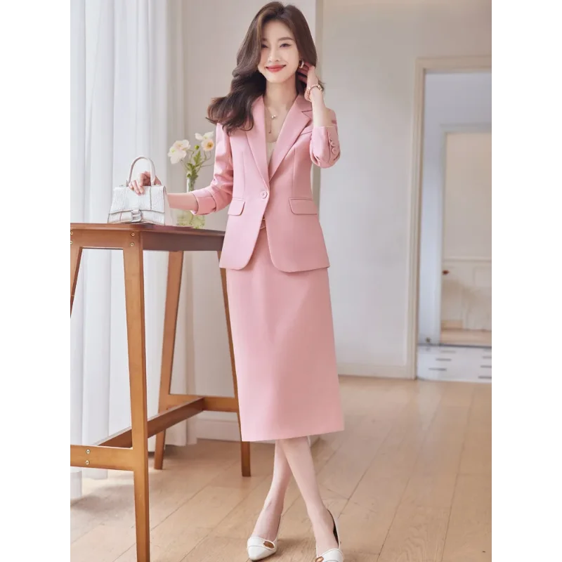 2024Elegant Women Skirt Suit Autumn Winter Black Apricot Pink One Button Business Office Lady Formal Blazer Jacket 2 Pieces Set