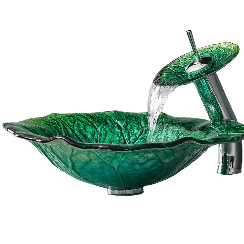 j* Modern Luxury Green Lotus Leaf Glass Art Hand Wash Basins Hot Sale Luxury Bathroom Sinks with Cabinet Competitive Price