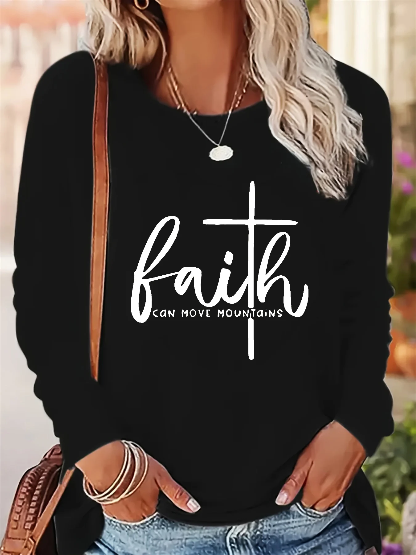 Primavera e outono feminino 100% algodão puro moda casual solto carta padrão impresso em torno do pescoço manga comprida camiseta topo