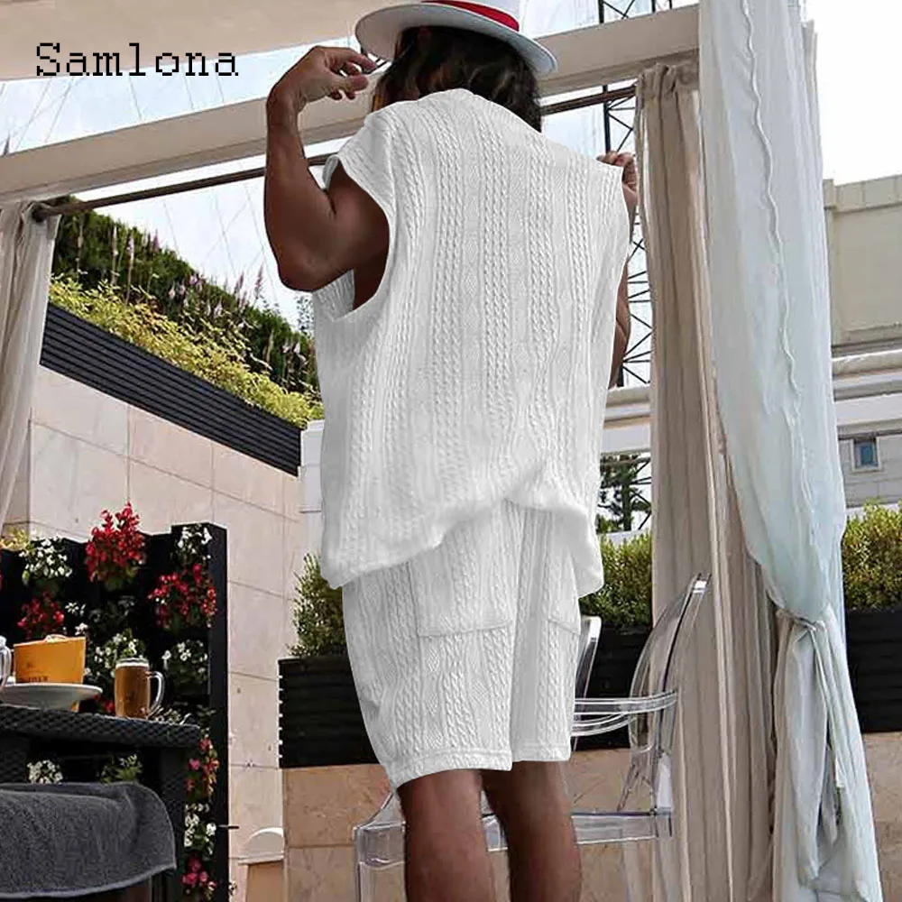 Mens Casual Knitting Two Piece Sets 2024 European Fashion Irregular Tops and White Shorts Suit Male Sleeveless Tracksuits Set