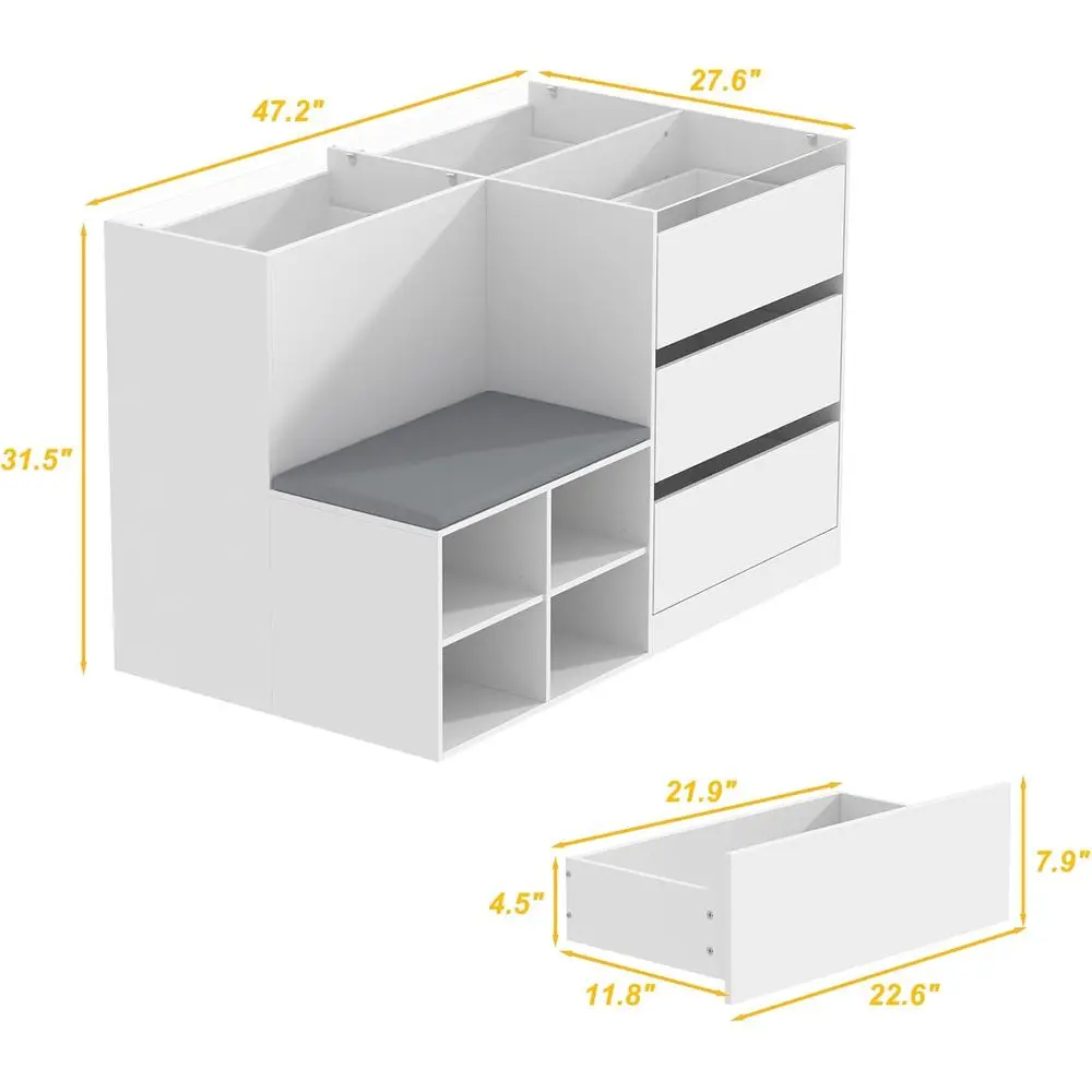 White Glass Display Cabinet with Drawers, Shoe Bench, and Walk-in Showcase for Collectibles and Retail