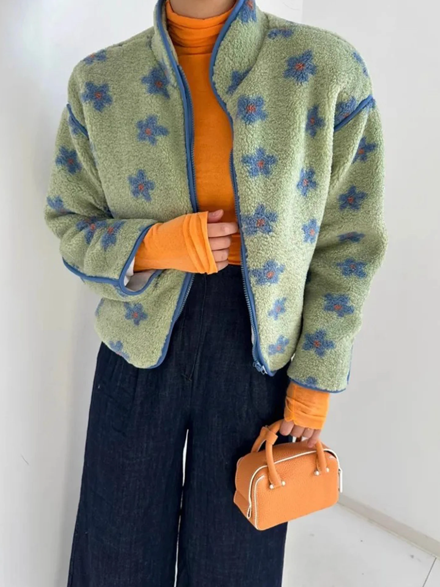 

Retro Sweet Stand Collar Color Blo Flower Pattern Cotton Jaet Women's Winter New Sle Versatile Warm Top Long Sve Zip...