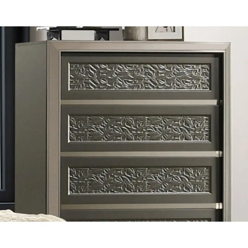 Eigentijdse ladekast met 5 lades en beugelvoeten, bladpatroon, lades met viltvoering aan de bovenkant, donkergrijze afwerking