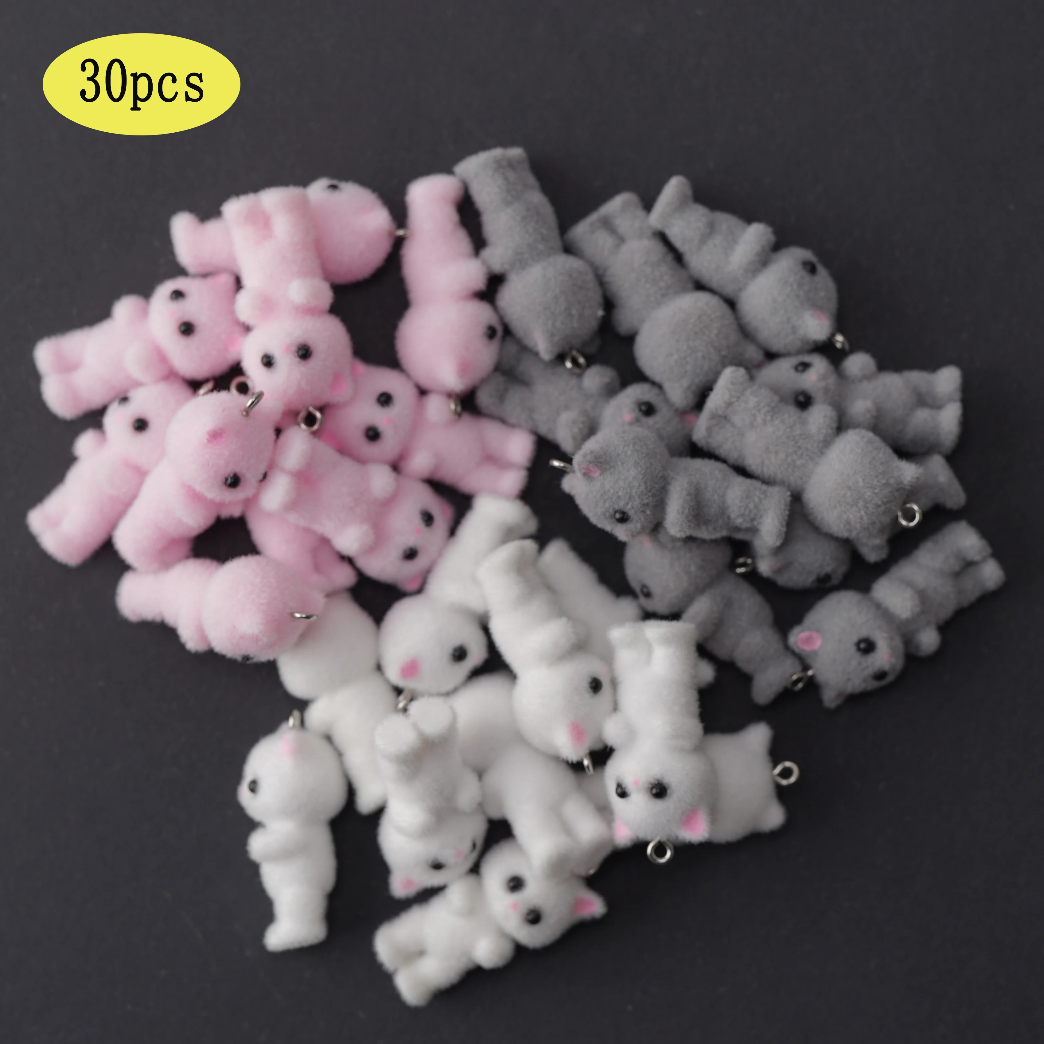 30PCS resin Cat Pendant Lovely 3D Fluffy Flocking Animal Cat Charms for DIY Jewelry Keychain Necklace earring  Make fittings