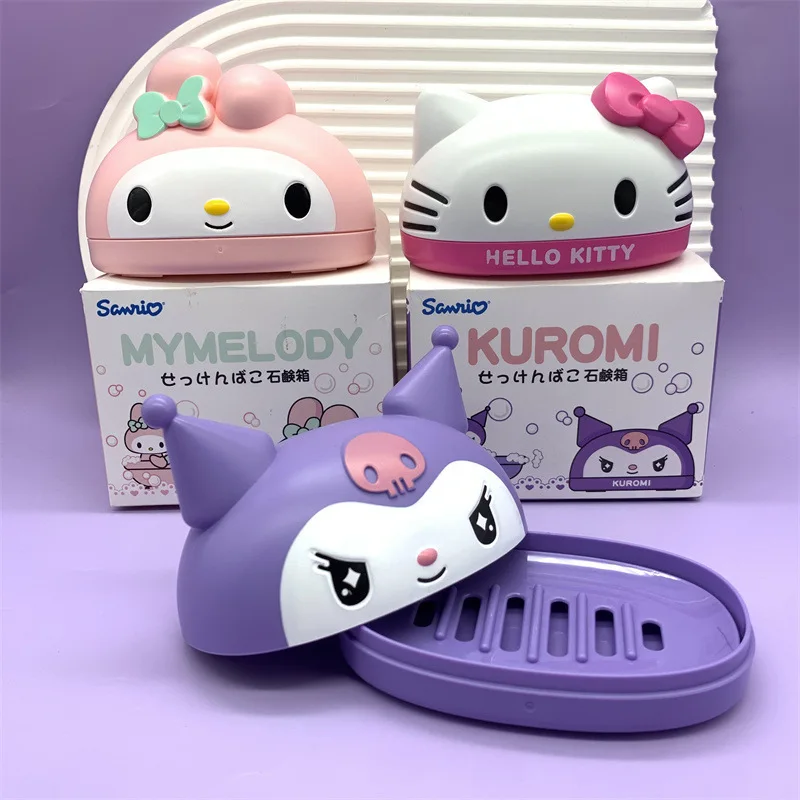 Caja de jabón Kawaii Kuromi Hello Kitty Melody, Linda figura de Sanrio, soporte de jabón de baño, escurridor con cubierta, juguete de corazón para