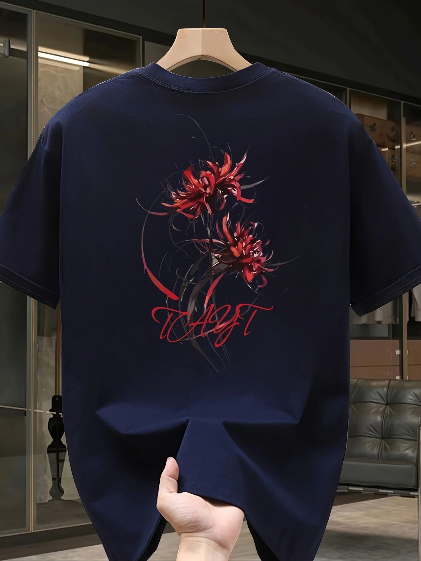 Men's Summer 100% Cotton Loose-Tee with Bridge Flower Print - Street Style Short Sleeve Round Neck Casual Sports Shirt