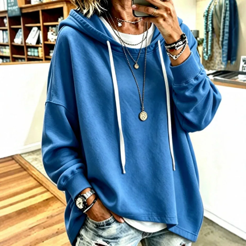 2026 Solid Color Drawstring Hooded. Sweatshirt, New Autumn/winter Style, Multifunctional Long-sleeved Pullover Hoodie For Women.