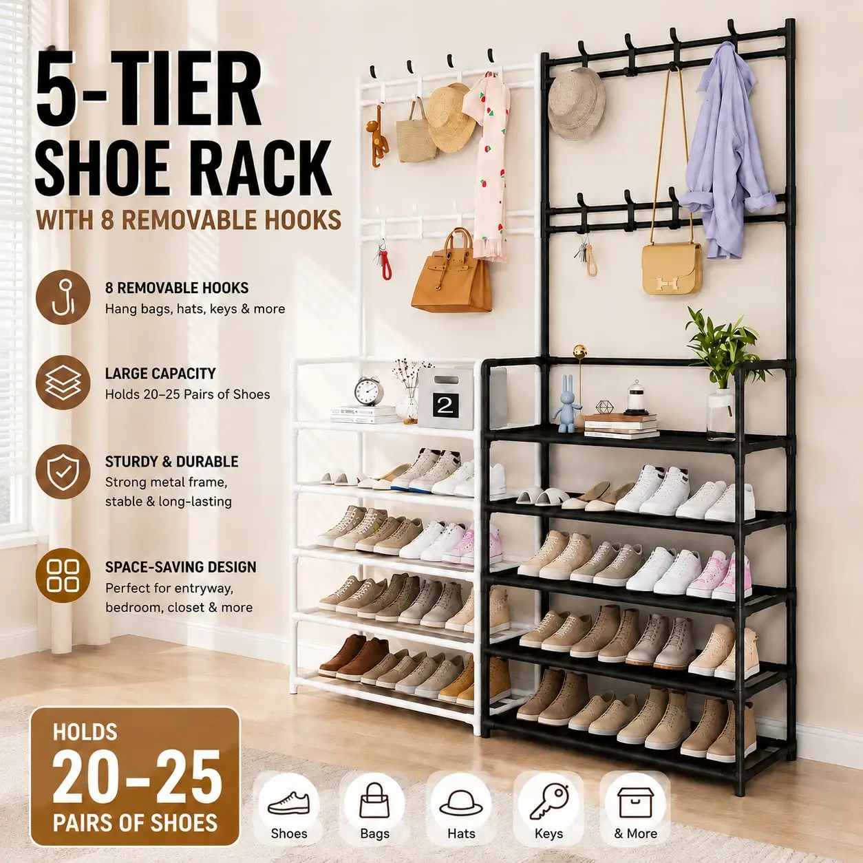 Multi-Functional Shoe Rack With Coat Hooks, 5-Tier Freestanding Shoe Shelf For Entryway, Heavy-Duty Shoe Organizer For Sneakers, Bags, Hats & Keys, Metal Frame, Space-Saving For Hallway, Closet & Bedroom - view 2