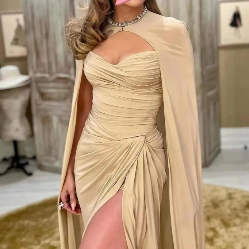 Elegant Pleated Chiffon Party Dress Heart-Shaped Collar Shawl Sleeve Cocktail Dress Floor-Length Formal Occasion Party Dress