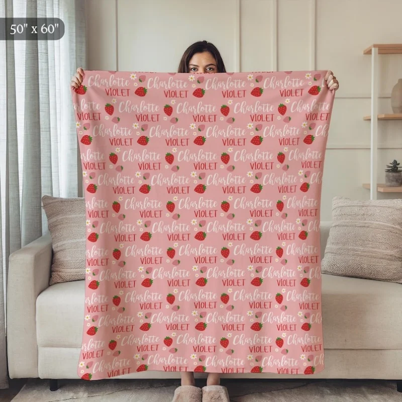 

Strawberry Custom Name Baby Blanket Personalized Blanket Soft Skin-Friendly Sofa Blanket Kid Blanket Birthday Gifts Home Decor