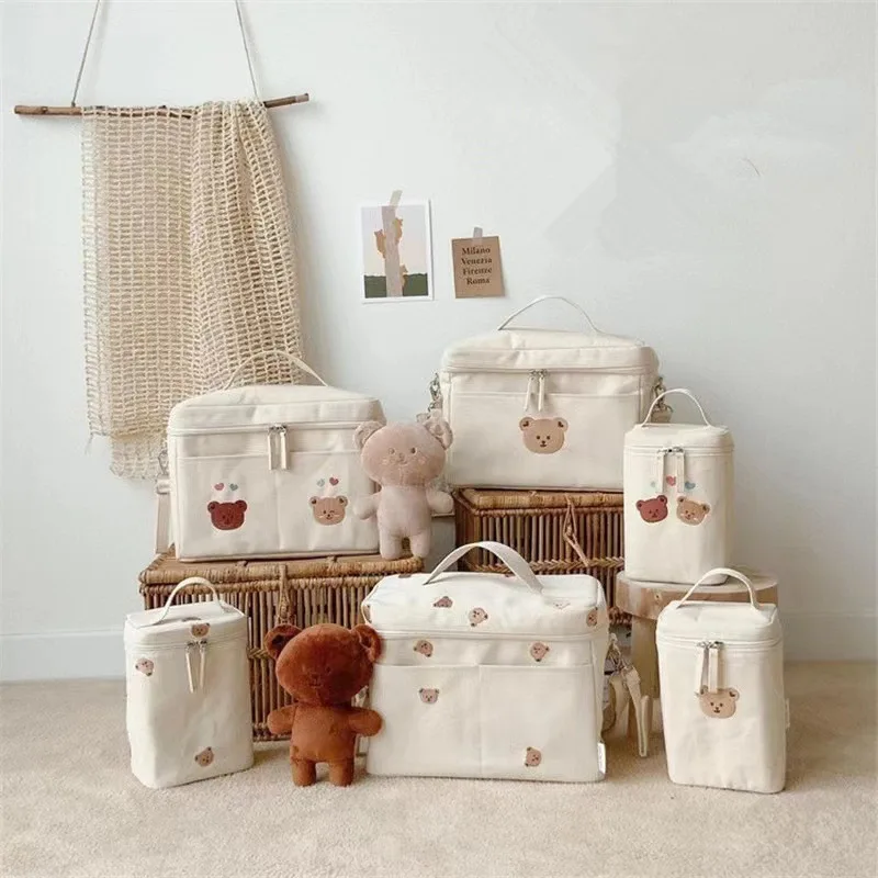 Multifunctional Thermal Insulation Lunch Box Food Storage Bags Waterproof Bear Embroidery Mother Mommy Bag Baby Diaper Nappy Bag