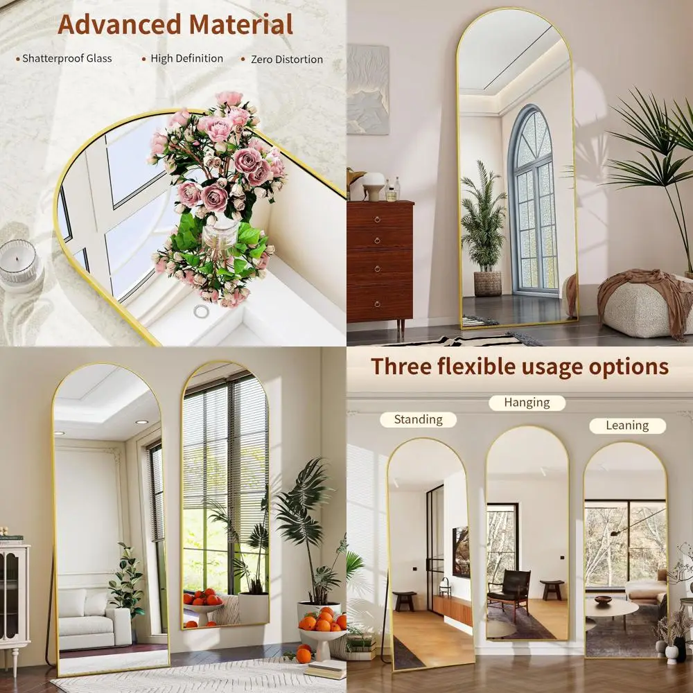 

64 x 21 Elegant Arched Mirror - Versatile Floor or Wall Mount for Living & Dining Rooms, Gold Finish
