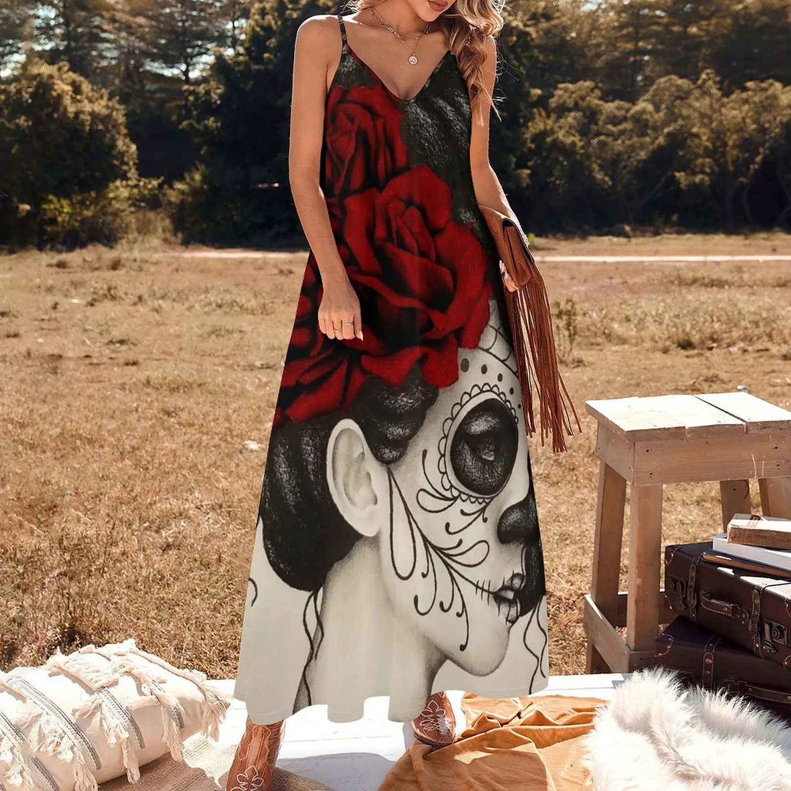 Dia de los Muertos Sleeveless Long Dress elegant dress women's clothing korea stylish Dress