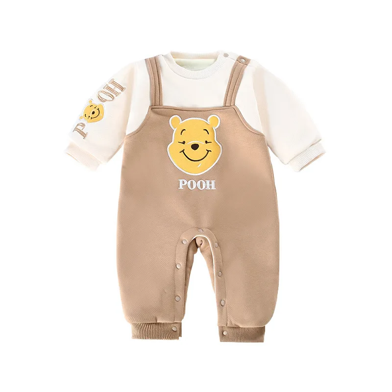 

MINISO Winnie the Pooh Baby Boy Onesie Winter Thickened Warm Fake Two Piece Infant Romper Newborn 0-1 years Bodysuits Clothes