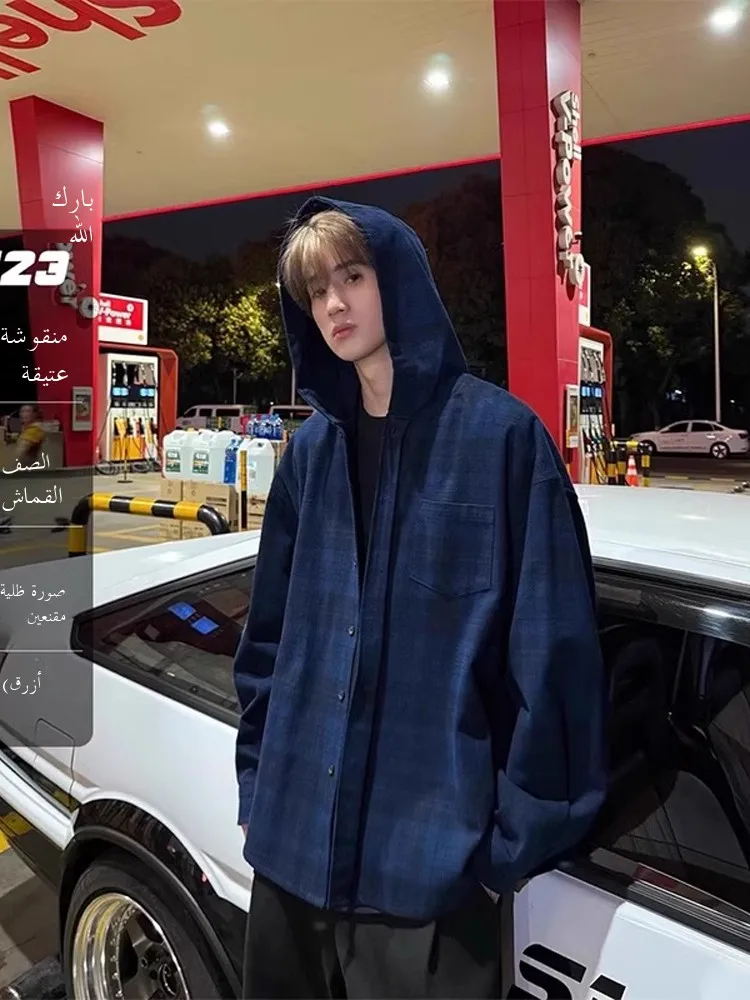 

American Retro Blue Fce Plaid irt Men's Thin Outerwear Hooded Cheered irt Cleanfit Couple's Lightweight Jaet