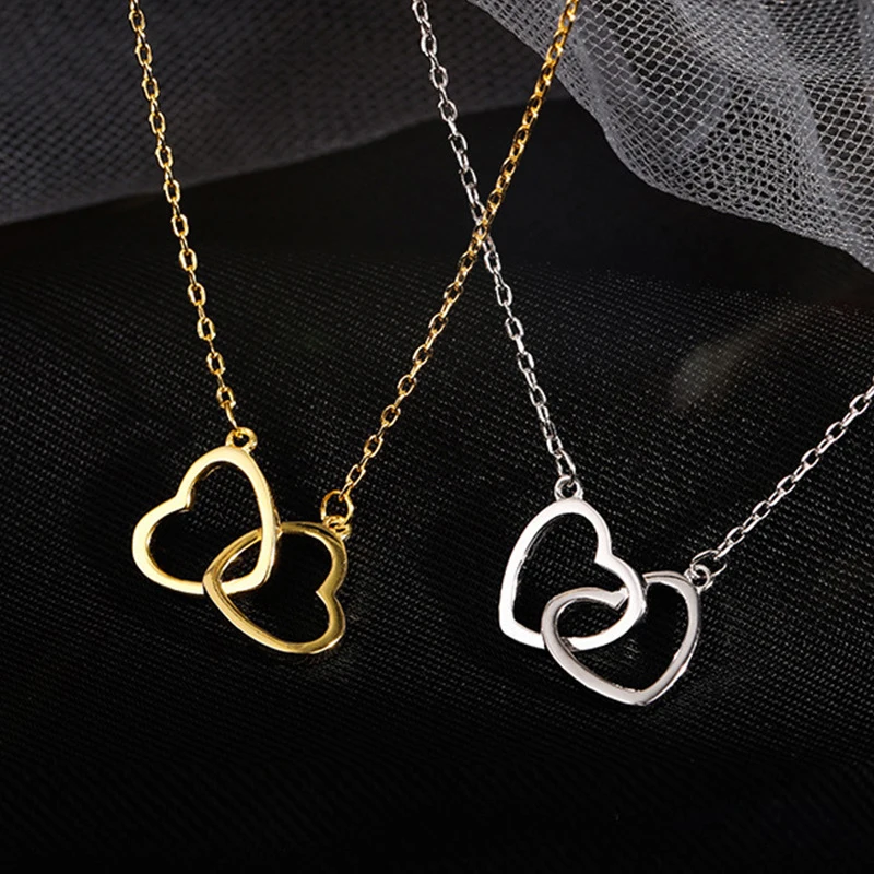 Simple Women's Double Heart Pendant Necklace Couple Bow Tie Gold Silver Color Chain Wedding Party Friends Jewelry Gifts