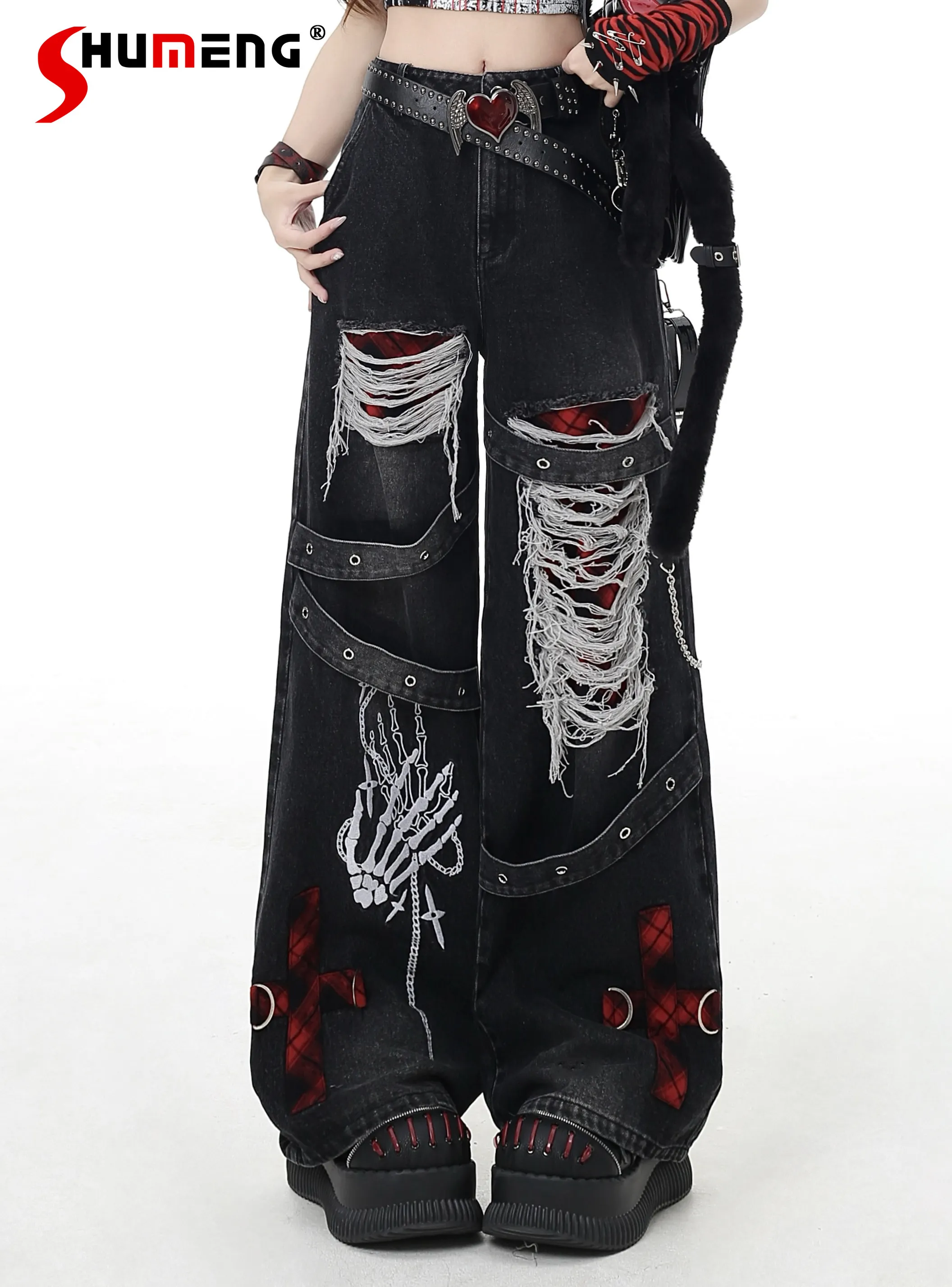 

Original Design Punk Sweet Cool Girls Street Jeans Ripped Jeans Spring and Summer New Women's Low-rise Wide-leg Pants Trousers