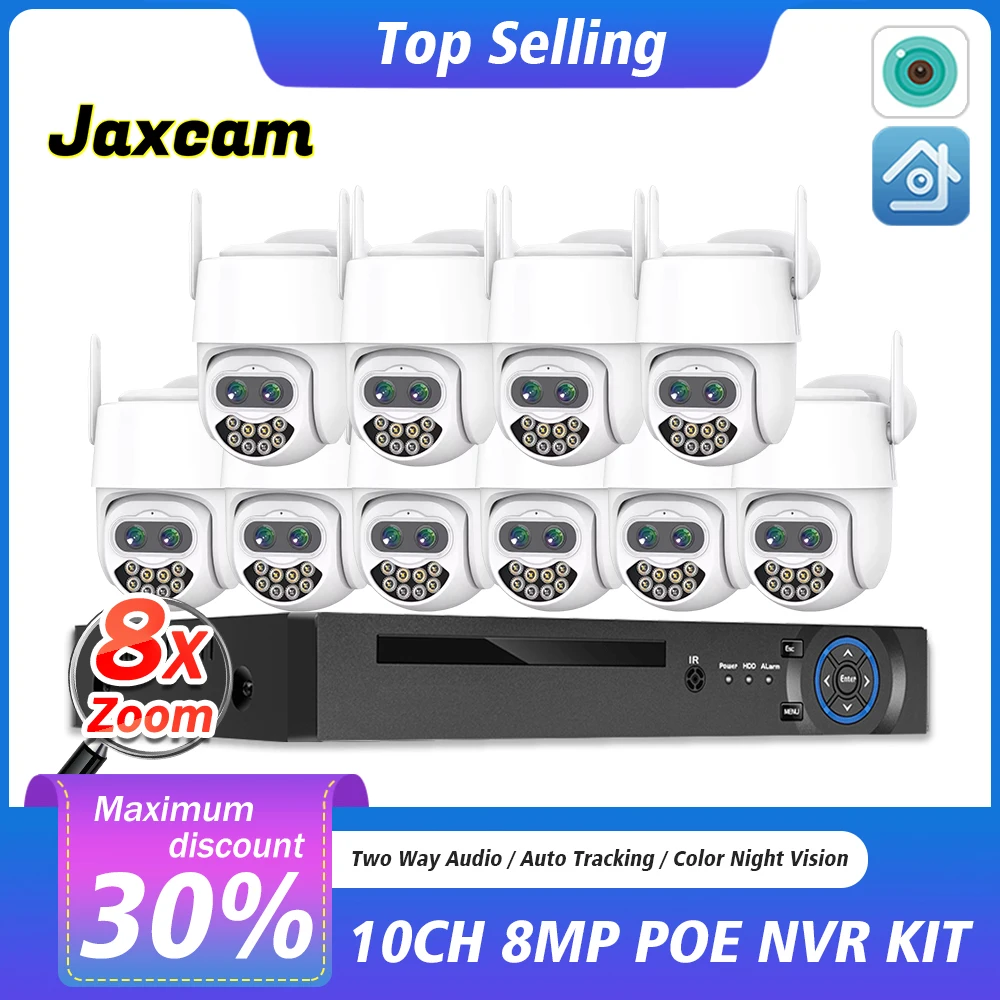 

10CH Dual Lens 4K 8MP 8X Zoom CCTV Network Video Security System POE NVR Auto Tracking Audio Wireless PTZ IP Camera Kit