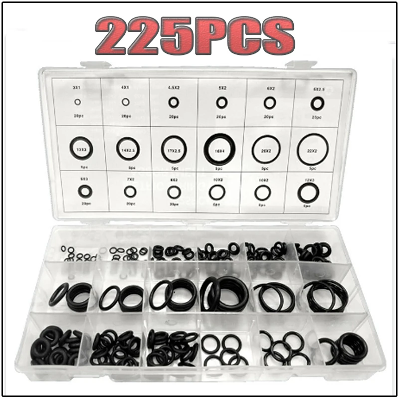 225pcs O-ring Assortment Metric Set of Sealing Rings Rubber Sealing Rings Set  Washers  Screw Ring Fasteners