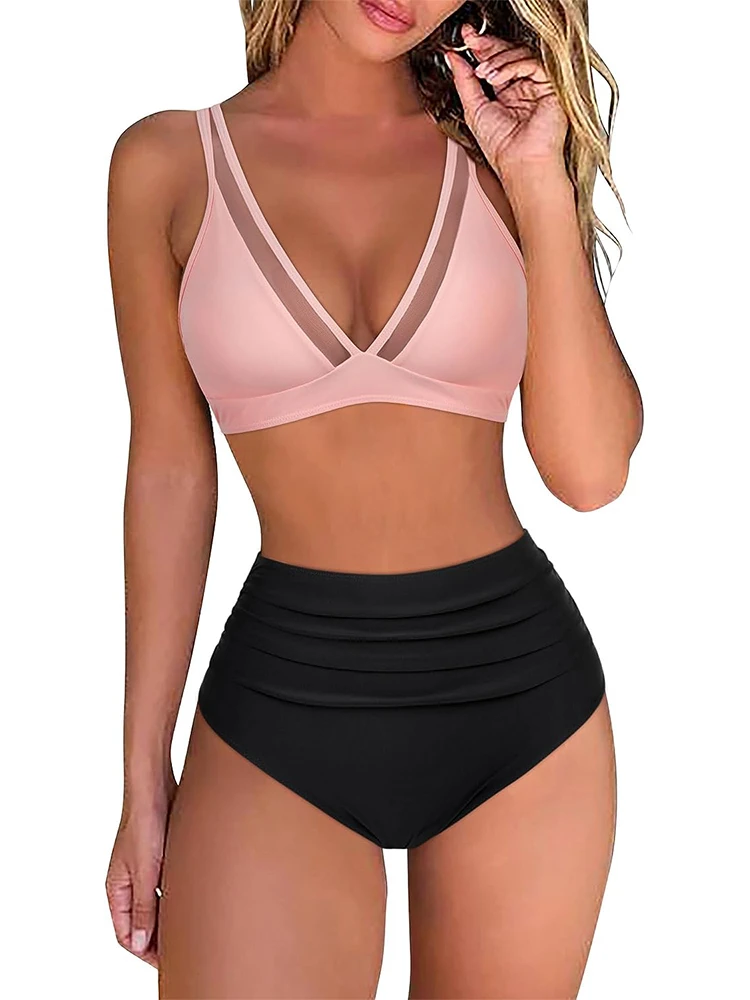 Conjunto de Bikini de cintura alta para mujer, traje de baño de dos piezas con cuello en V, cintura alta, color liso, 2024