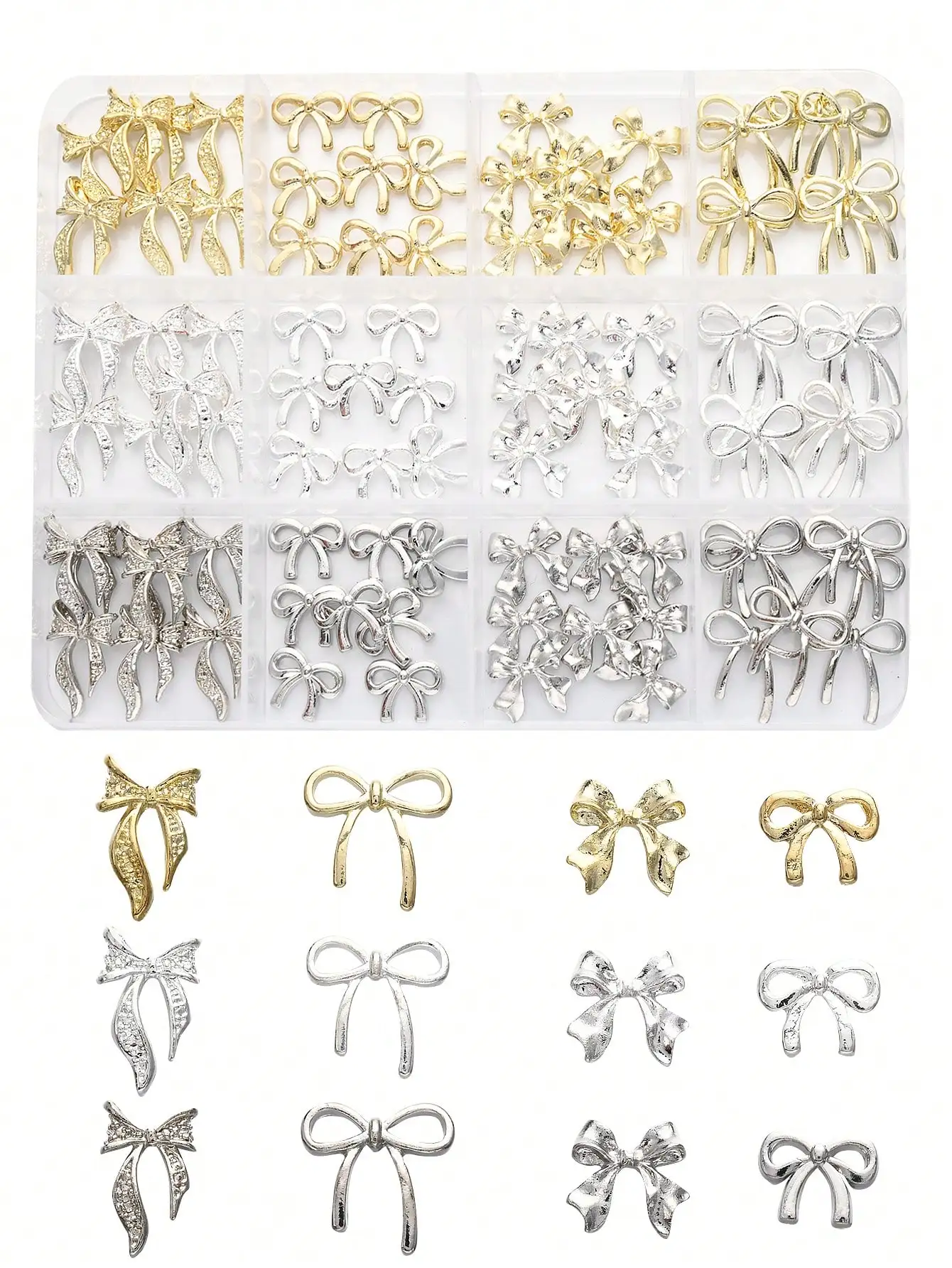 

1 Box 96 Pcs Metal Bow Nail Art Decor, Alloy Bows In 3D Gold/Silver/Gray Color, Luxury Shiny Bow Nail Jewelry, Nail Art Accessories, Nail Diy Nails Nail Supplies Nails Nail Charms Nail Gems
