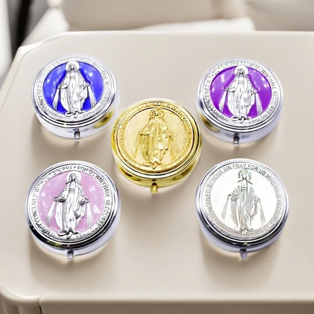 Retro Religious Jewelry Box Round Zinc Alloy Saint Benedict Jewelry Box Elegant Jewelry Storage Box Travel Storage view 2