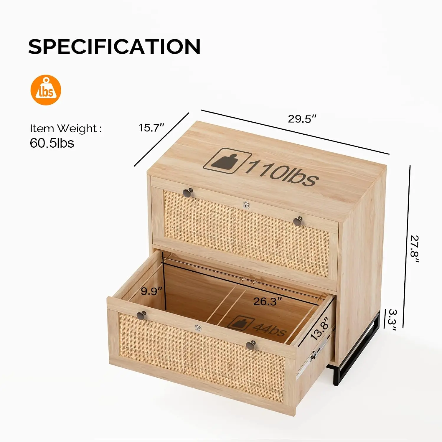 Wood Rattan 2 Drawer File Cabinet with Lock, Metal Handles for Letter/A4/Legal Folders, Home Office, 30