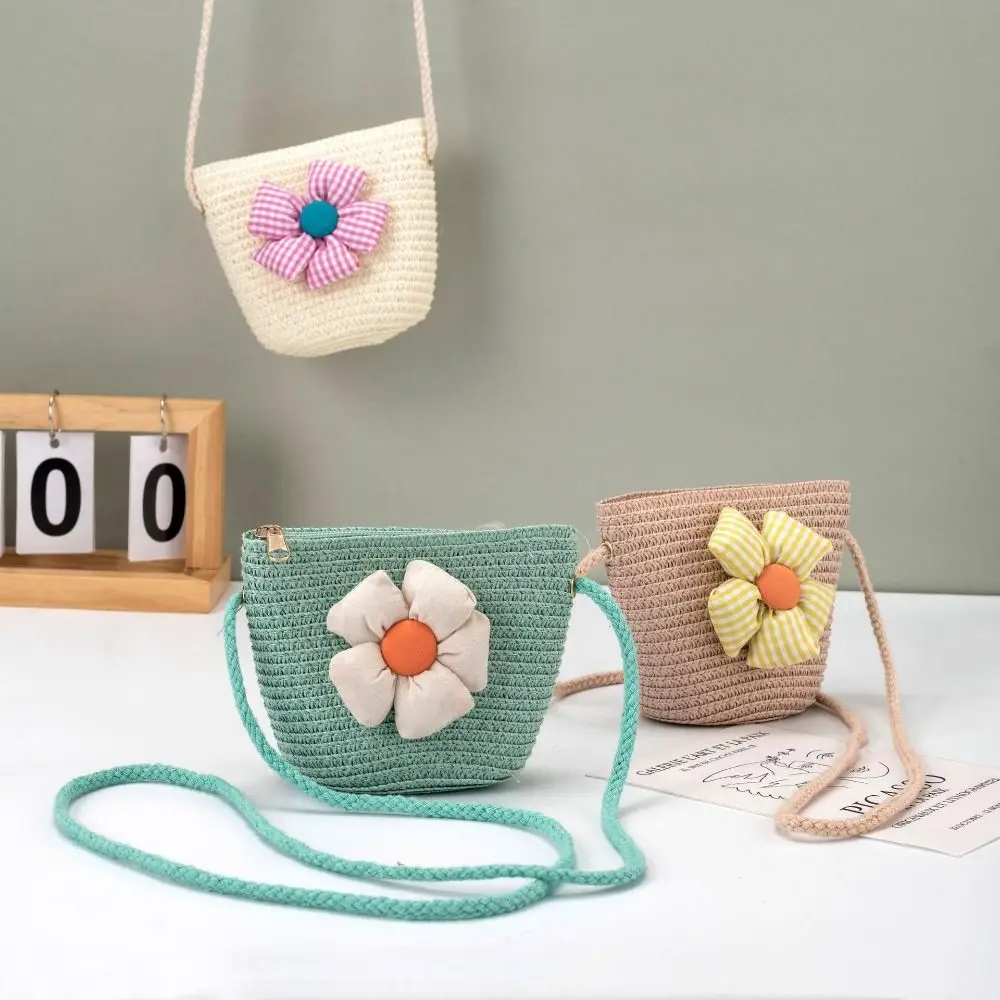 Straw Shoulder Bags Cute Handmade Flower Crossbody Bag Coin Purse Girls