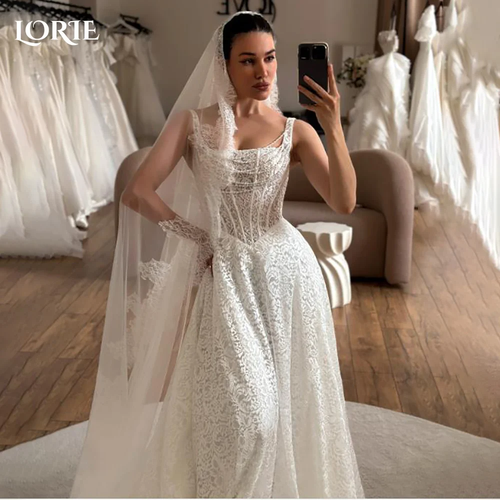 

LORIE Ivory Mermaid Wedding Dresses Pearls Lace Applique Tulle Bridal Gowns Square Neck Spaghetti Straps Vintage Gown Customized