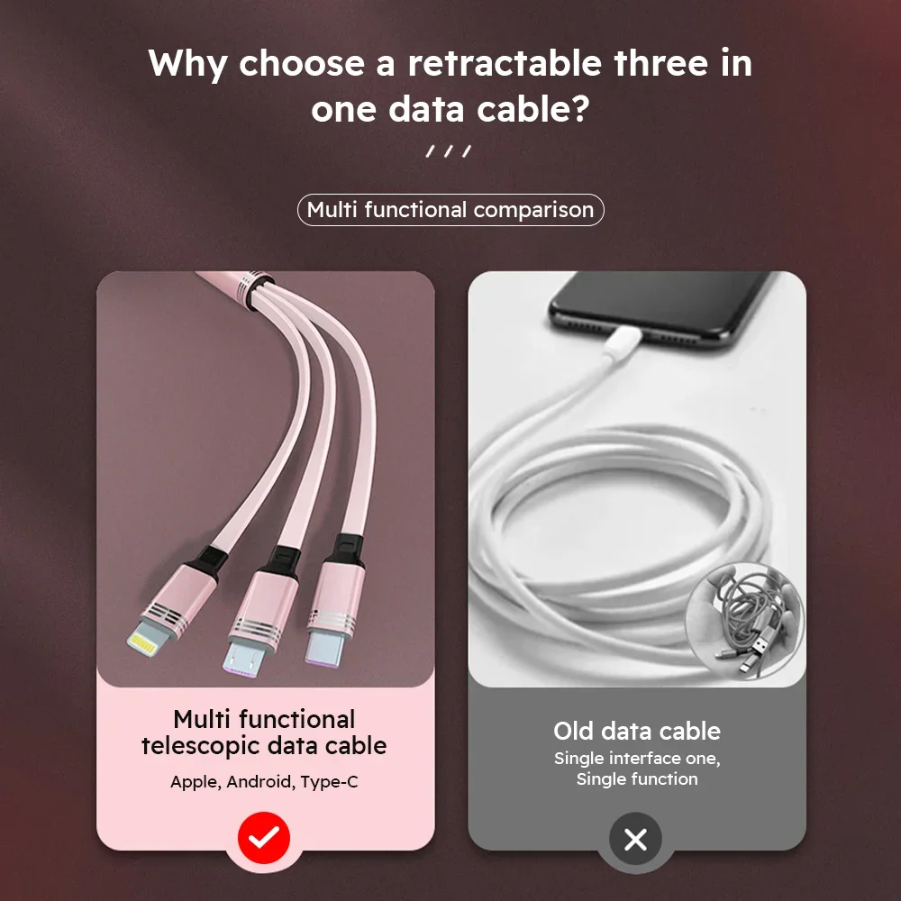 3 In 1 Retractable USB Cable  Fast Charging Data Cord For Iphone Samsung Huawei Xiaomi Multi Port Multiple Charging Wire