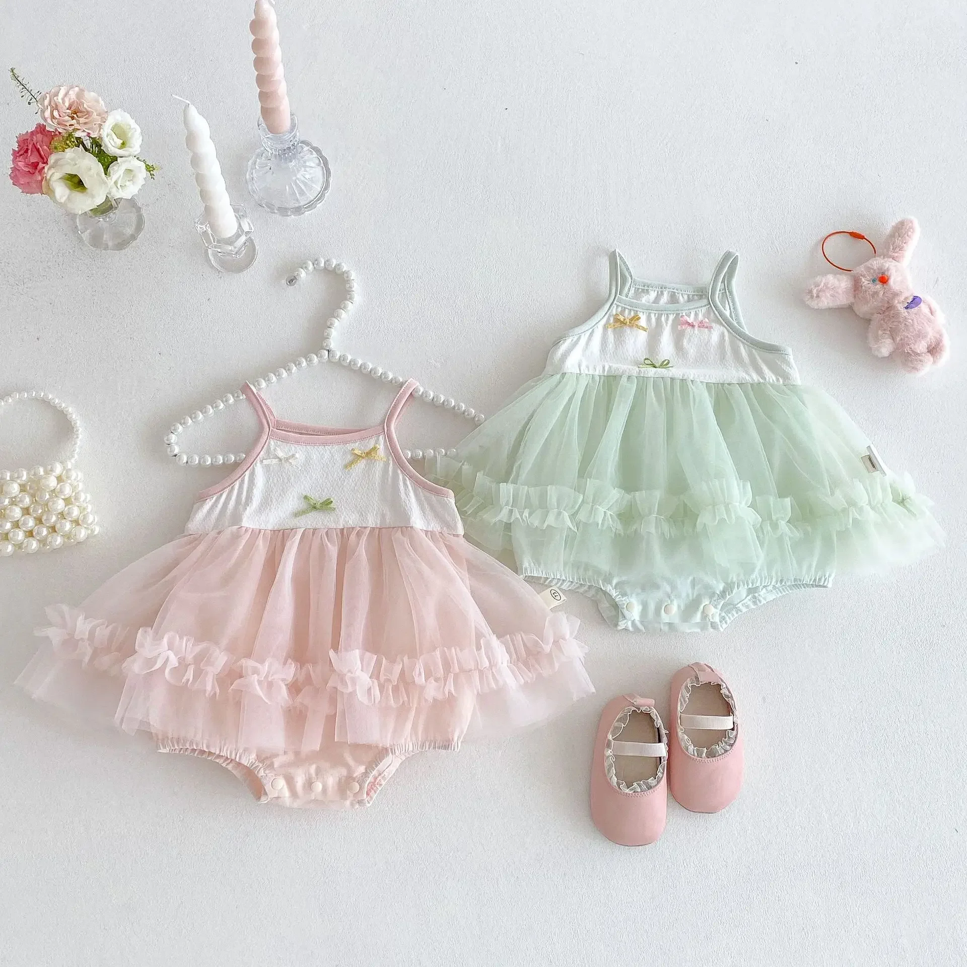 

2025 New Sum2mer Baby Girl Bow-Knot Mesh Romper Dress- Cotton Korean Style Comfortable & Sweet Sleeveless Bodysuit For 0-2 Years