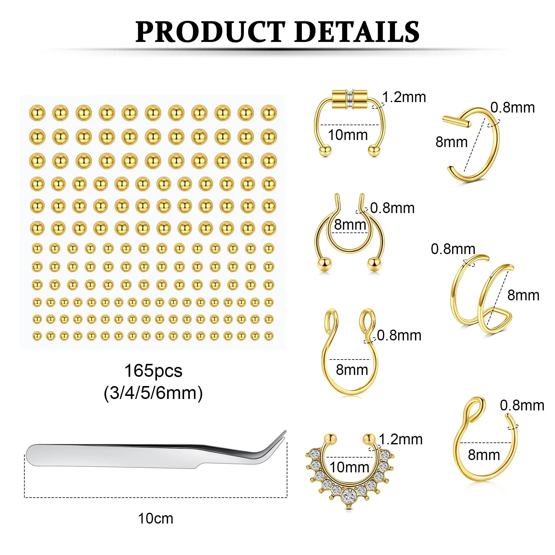 Fake Non‑Piercing Body Piercing Set Fake Eyebrow Lip Labret Nose with Spare Balls 100Pcs Skin Piercing Stickers with Tweezers