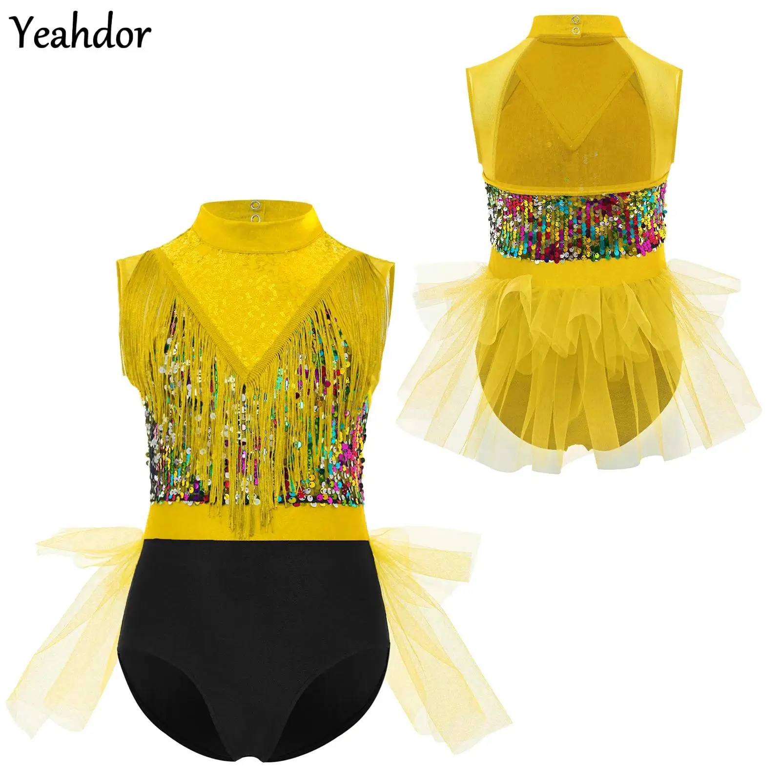 

Girls Ballet Dance Leotard Latin Dance Dress Sleeveless Back Sequin Tassels Figure Skating Gymnastics Tutu Skirt Bodysuit
