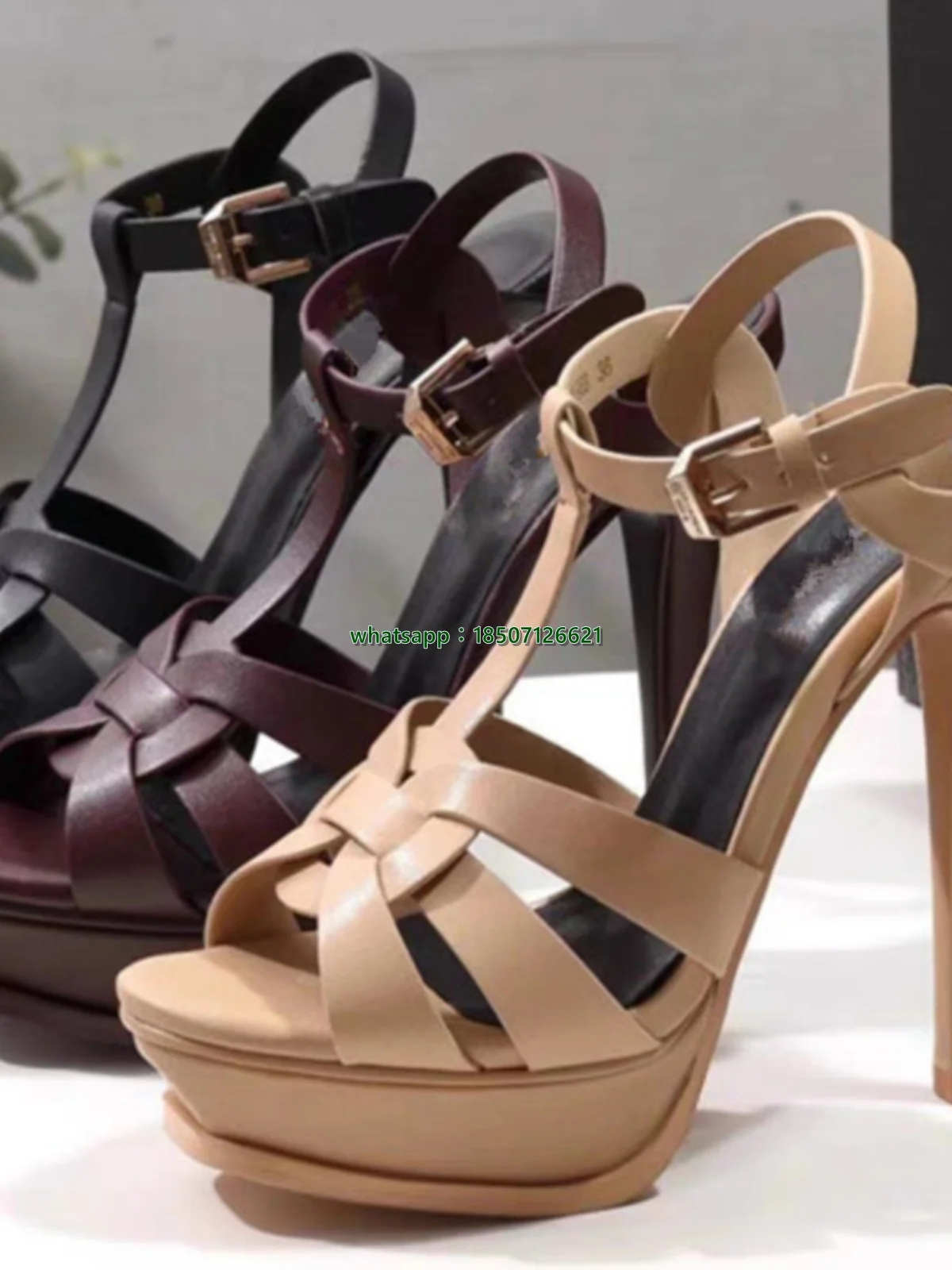 Multicolor Round Toe Open Toe T-Strap High Heels Solid Color Ankle Buckle Platform High Heel Sandals