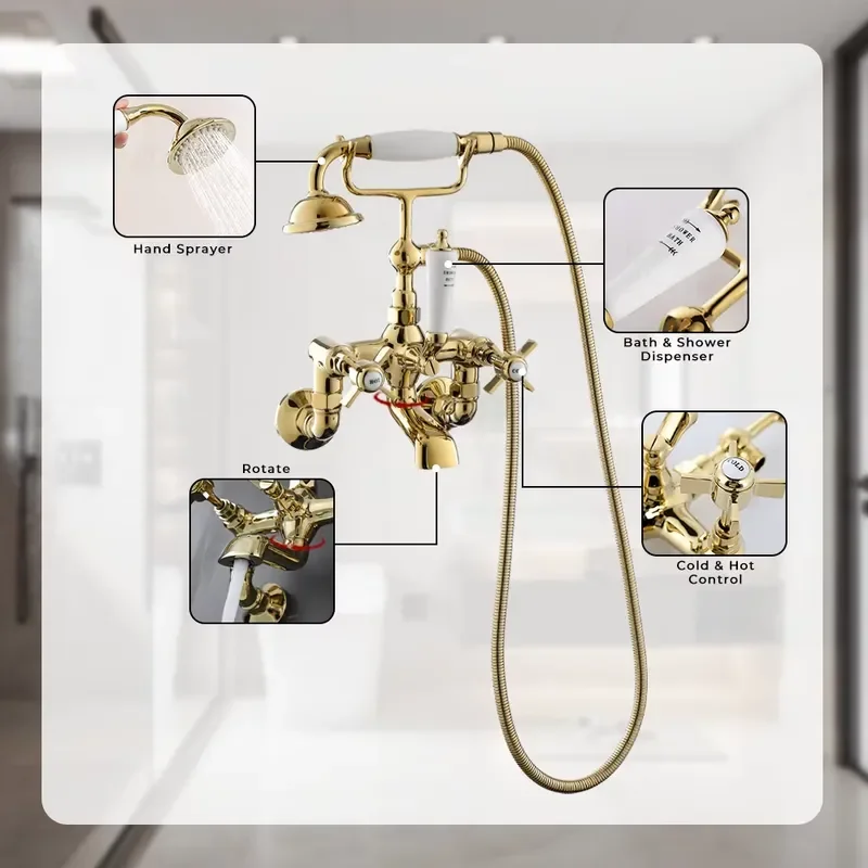 Hotel Apartment Use Dual Handle Zirconium Gold Brass Bath Faucet Shower Set Rain Spray Pattern Metered Mixer Taps