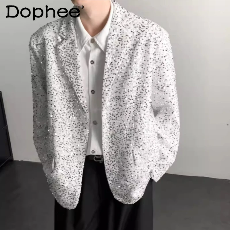 

Men's 2026 Spring New Shiny Sequin Fashion Suit Jackets Long Sleeve Outwear Tops Men's Trendy Blingbling Handsome Tailored Coats