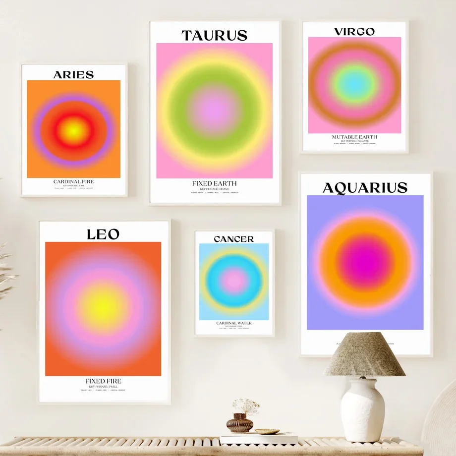 Arte de pared de astrología de Aura gradiente del zodiaco de constelación, pintura en lienzo, póster de Pastel danés, imágenes impresas, decoración de sala de estar