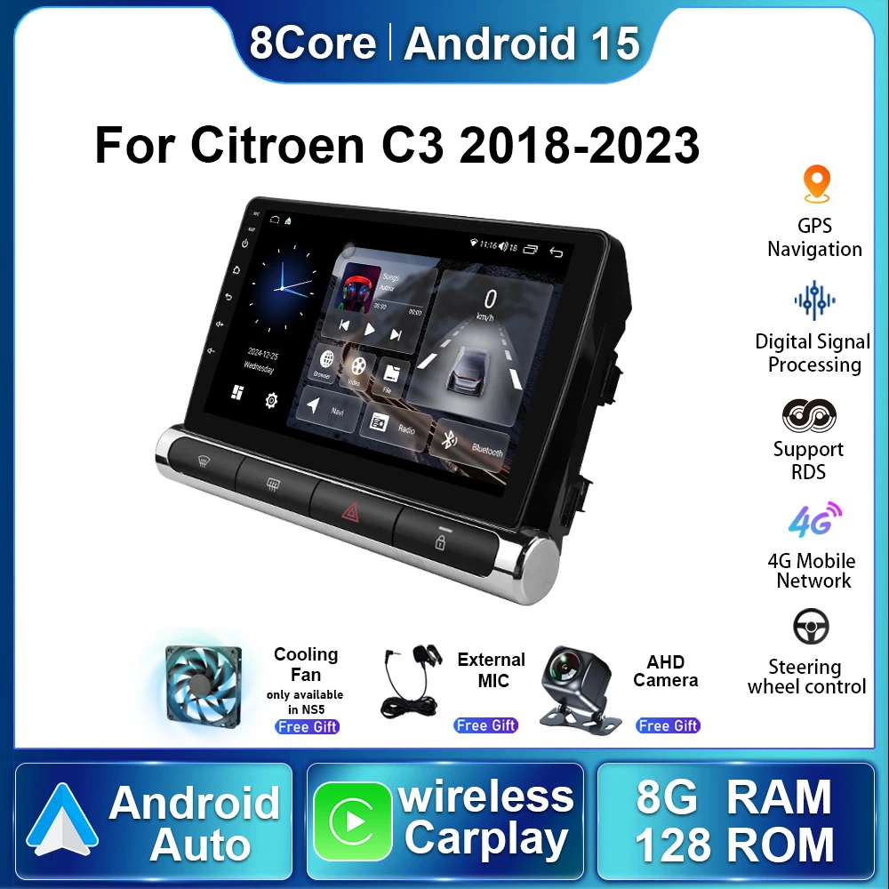 8G+ 128G For Citroen C3 2018 2019 2020 - 2023 Android 15 Car Radio Multimedia Player Stereo Auto Wireless Carplay Navigation GPS