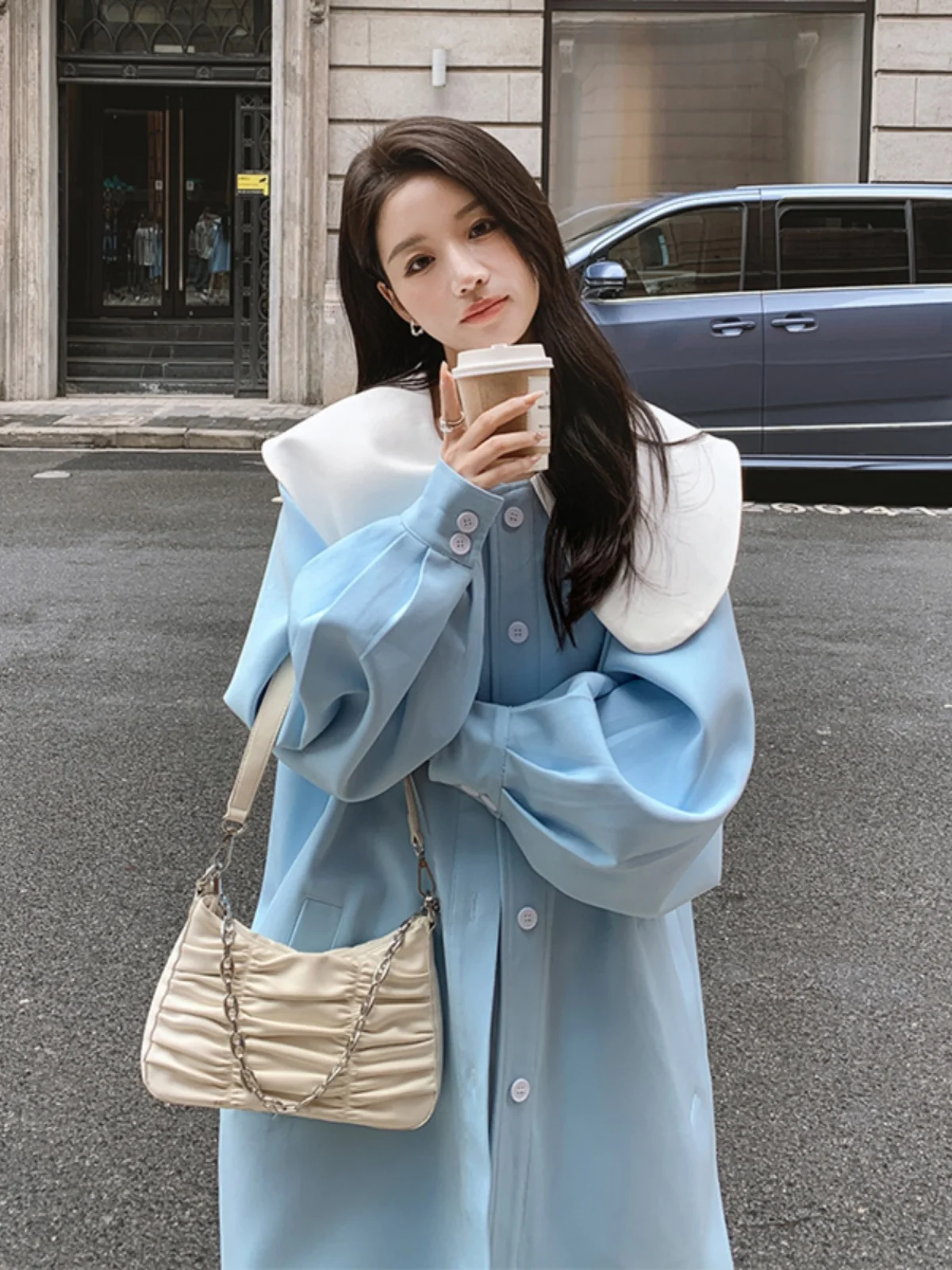 

Нежно-голубое женское пальто средней длины с воротником-стойкой, новинка ранней весны-осени 2025, красивое корейское пальто для повседневной носки, чистый стиль