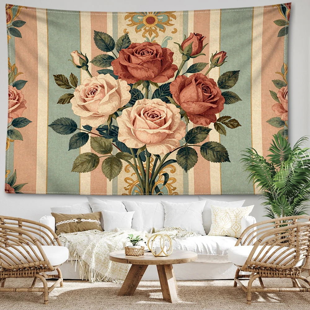 Striped Base Pink Rose Vintage Pattern Printed Tapestry Wall Hanging Bohemian Style Bedroom Home Decor