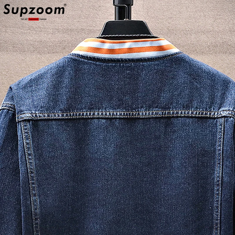 Supzoom New Arrival Letter Rib Sleeve Cotton Print Fashion Logo Single Breasted Casual Bomber Baseball Denim Jacket Loose Coat