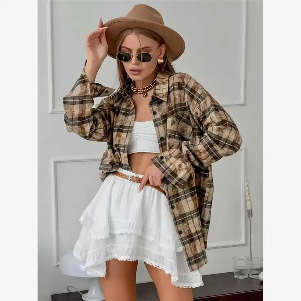 

Свободная клетчатая рубашка с длинным рукавом для женщин, повседневная деловая рубашка, осенняя модная рубашка с пуговицами