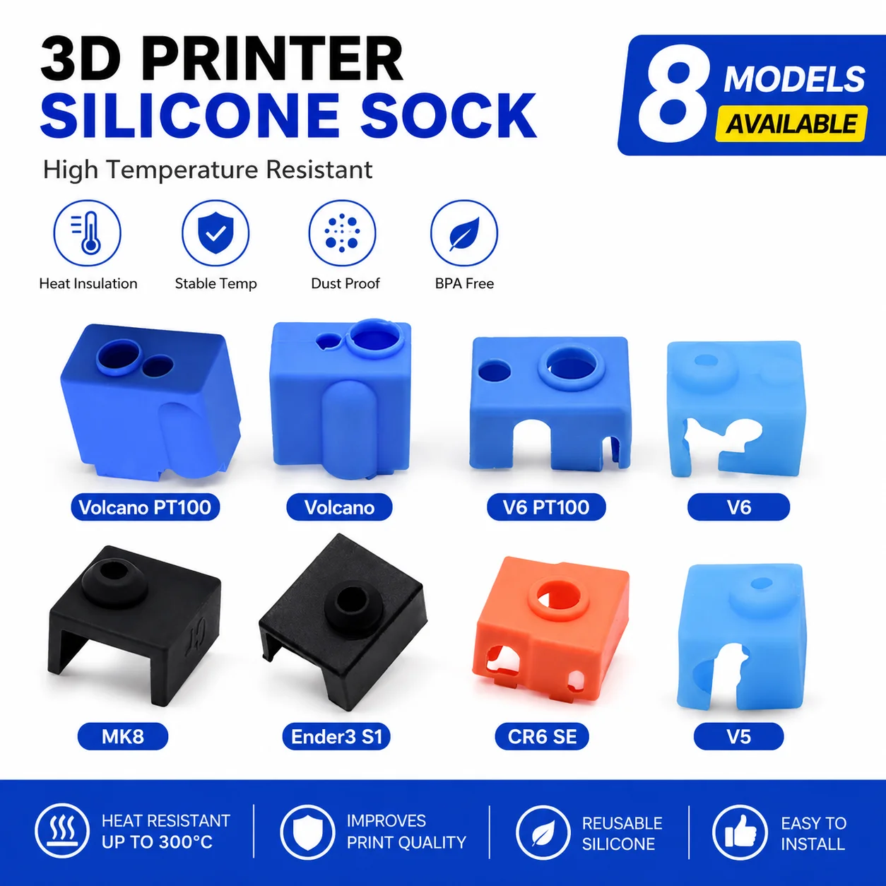 3/5/10pcs Hotend Silicone Socks for E3d V6 V5 Volcano PT100 Ender3 S1 CR10 MK8 CR6 SE 3d Printer Silicone Sleeves for Heat Block