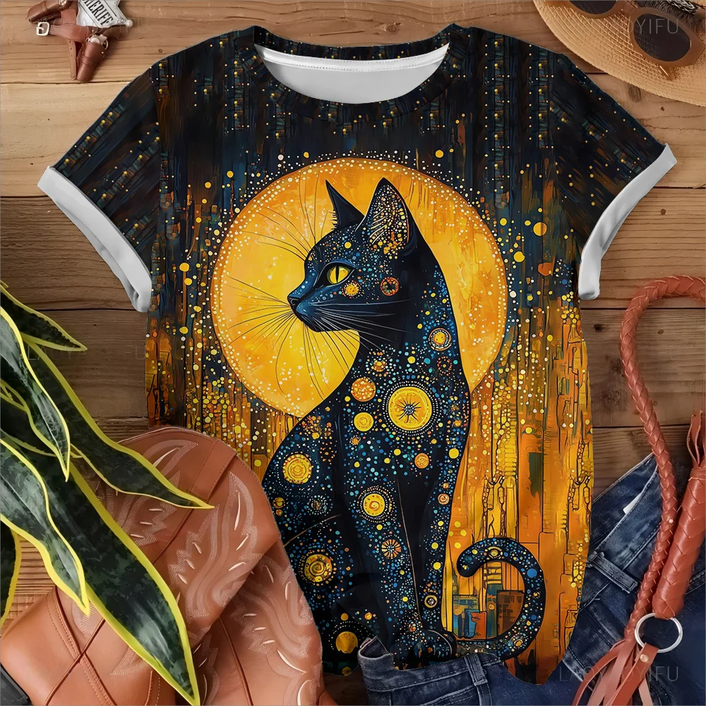 تي شيرت نسائي من Moon and Stars Mysterious Cat Art كاجوال أنيق مريح بأكمام قصيرة باللون الأسود #4