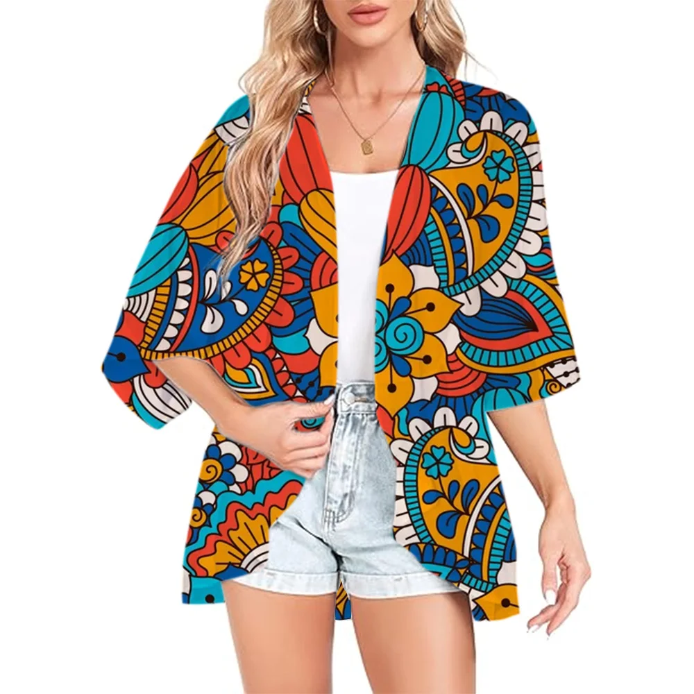 New Women's Ethnic Printed Short Sleeve Kimono Cardigan Loose Swimwear Cover Up Casual Tunic Tunic Sheer Top Beach Outing