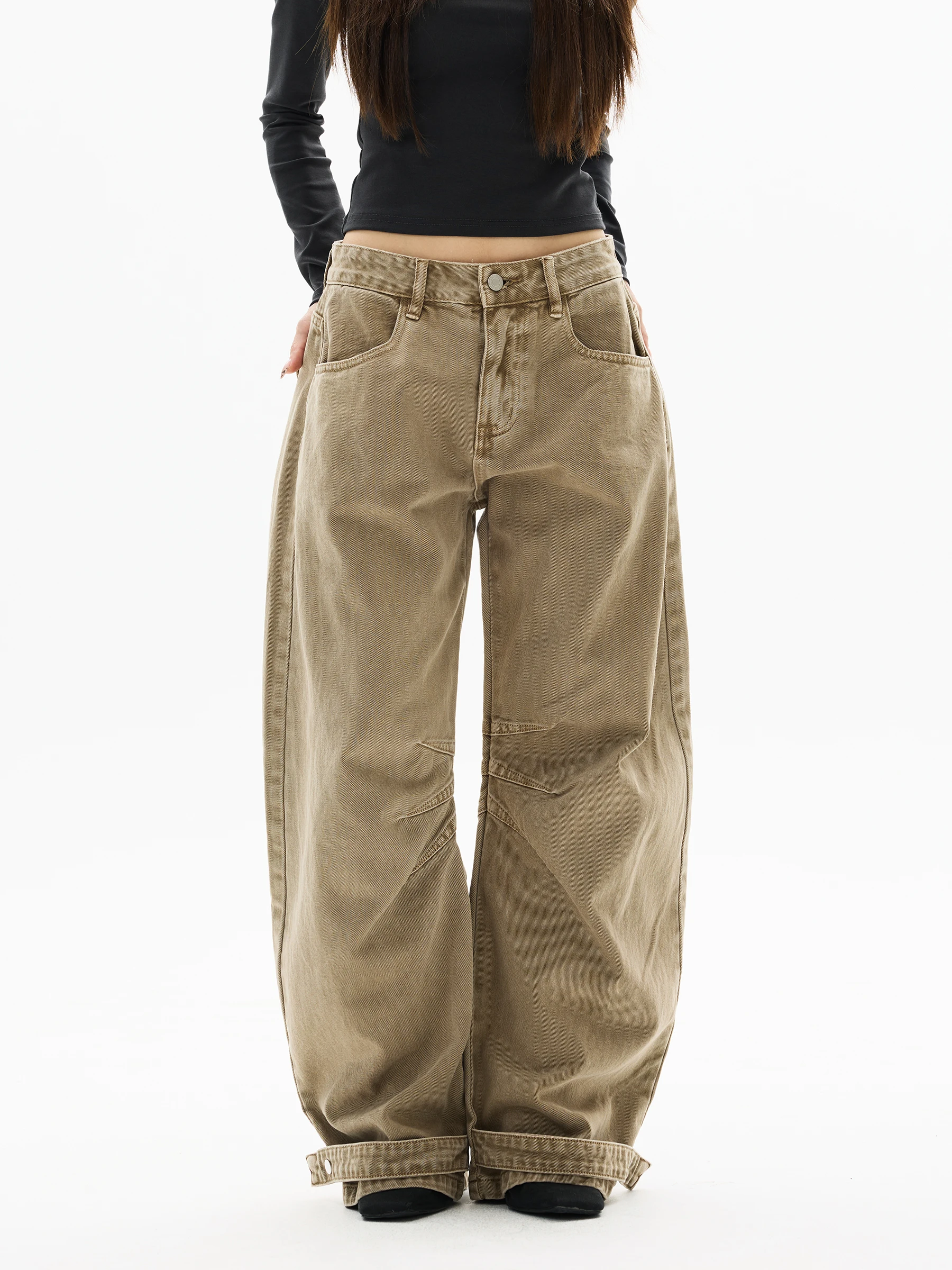 

WLNEXT American Retro Khaki Denim Jeans Men Women High Waist Loose Fit Four Seasons Washed Wrinkle Couples Trendy Jeans