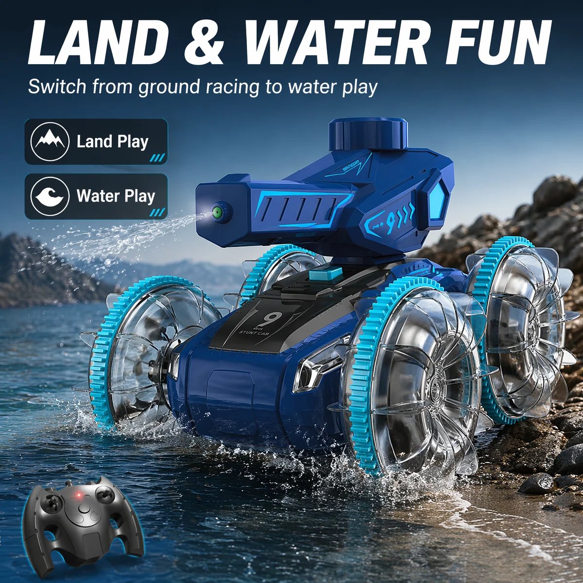 Amphibious RC Tank Toy 2.4G Remote Control Waterproof Car Off-Road Vehicle with Water Spray Shooting All Terrain Pool Beach Toys